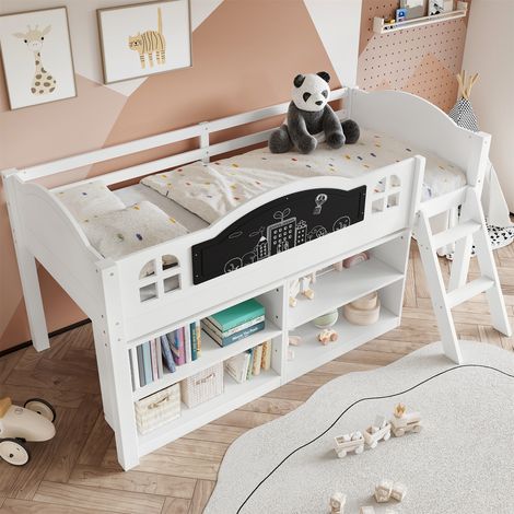 3ft White Wooden Storage Bed with Blackboard & Staircase - 90x190cm Single Kids Bed, Graffiti Chalkboard, Inclined Steps, Built-in Cabinets, Pine+MDF Frame (1/5)
