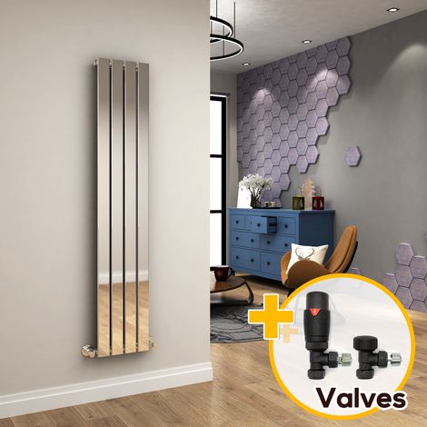 ELEGANT Chrome Vertical Radiator 1600 x 300 Single Flat Panel Central Heating Designer Radiators + Anthracite Thermostatic Radiator Valves (1/5)