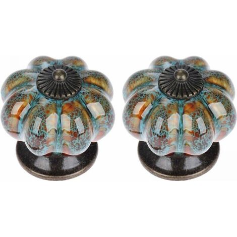 Door Handle Set (Blue) 2 Pieces Drawer Handles Cabinet Handles Ceramic Handles Retro Elegant Pumpkin Shape Handles (1/4)