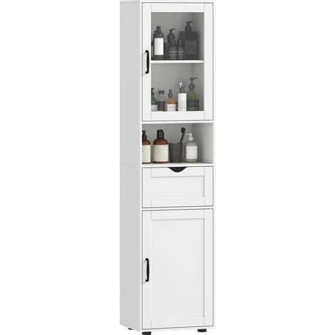 HOMCOM armario de baño alto, mueble auxiliar de baño con puerta de vidrio, estantes ajustables, cajón, estante abierto, 40x30x165 cm, blanco
