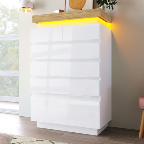 Commode 73x39x115 cm blanc en panneaux de particules avec 6 tiroirs, façade brillante et éclairage LED (1/5)