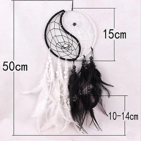 Attrape-rêves Yin Yang circulaire fait main, orné de plumes et de perles, à suspendre au mur ou à la voiture. Décoration artisanale, cadeau idéal. Noir et blanc. (1/2)
