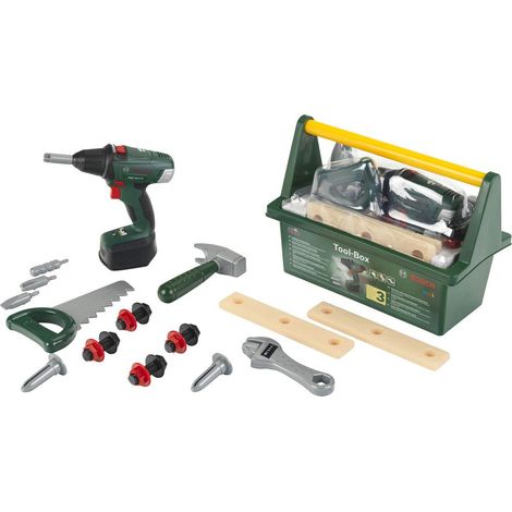 Caisse à Outils avec visseuse électronique - Nombreux Accessoires : scie, Marteau, clé à molette, vis, Lattes, etc. - Dimensions : 31 x 16,5 x 22,5 cm - pour Enfants dès 3 Ans (1/5)