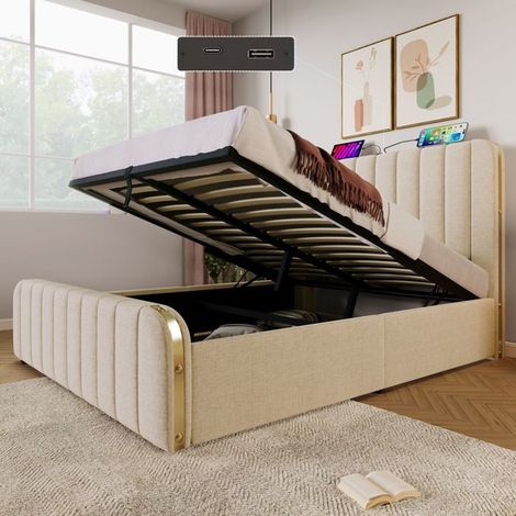 Lit coffre capitonné - 160 x 200 cm - USB-C intégré - Lin beige - Vérin hydraulique