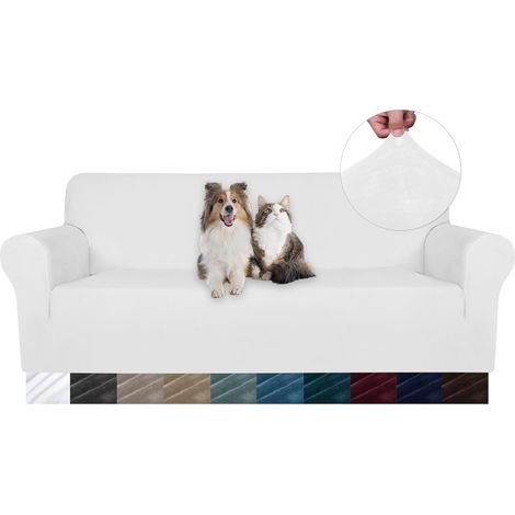 Universal Stretch Velvet Sofa Cover for 3-Seaters, Non-Slip, Pet-Friendly, Washable, White (1/5)