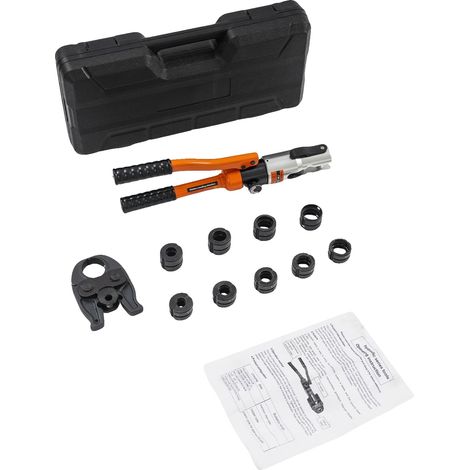 Attrezzo per pressare tubi, forza di crimpatura 10 tonnellate, compatibilità versatile con diversi tipi di tubi, colore arancione. (1/2)