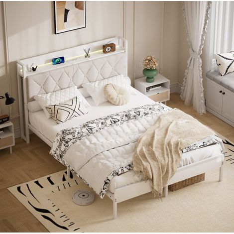 Lit adulte 140x190 cm LED avec USB, tête de lit capitonnée, structure métal, lin blanc (1/5)