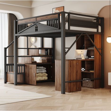 Letto a soppalco 140x200 cm in metallo e legno, nero, con scala contenitore e protezione a finestra (1/5)
