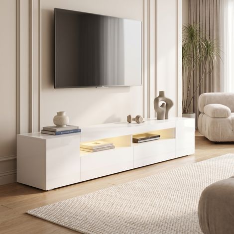Meuble TV 240 cm avec Éclairage LED Multicolore, Banc TV Moderne avec Rangement, Blanc (1/5)