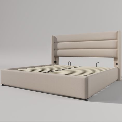 Lit coffre capitonné hydraulique 160x200 cm beige en lin avec cadre à lattes (1/5)
