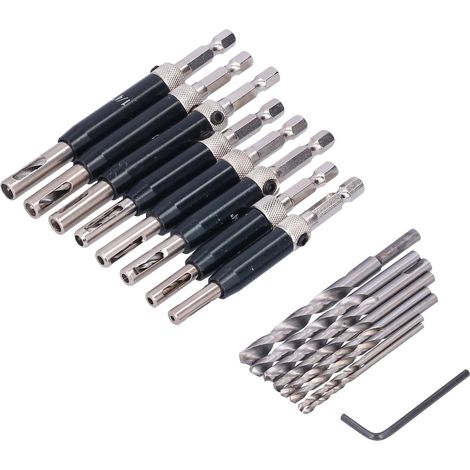 Kit de 17 forets à charnières auto-centreurs pour portes avec clé hexagonale pour le travail du bois (1/5)