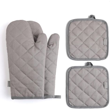 Juego de 4 manoplas y guantes de cocina de algodón extragrueso, resistentes a altas temperaturas (500 °C), para cocinar (30 cm, gris). (1/5)