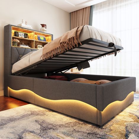 Lit 90x200 cm enfant avec coffre hydraulique, éclairage LED via appli, port USB intégré, sommier à lattes en métal, housse lin gris. (1/5)