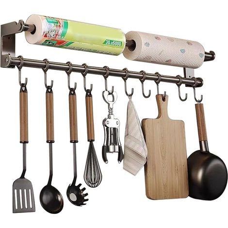 Porte-rouleau de papier essuie-tout et ustensiles de cuisine, support mural en acier inoxydable avec 10 crochets coulissants (1/5)