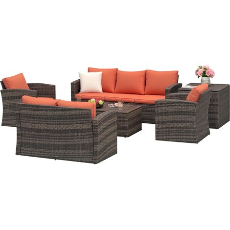 Set da Giardino 6 Pezzi in Rattan con Divani, Poltrone e Tavoli Contenitore, Marrone