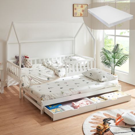 Cama con cama supletoria Aarghonmaa 2 cajones y colchón 90x200cm - Blanco [en.casa]
