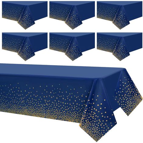 Lot de 6 nappes à pois bleus et dorés (137 x 274 cm), rectangulaires, imperméables et jetables, idéales pour les fêtes et les pique-niques. (1/5)