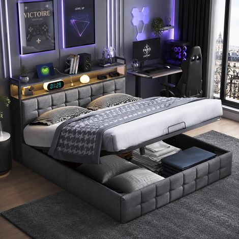 Lit coffre 160x200 cm, tête de lit avec rangement capitonnée lin gris, LED, ports USB intégrés, rangement sous lit (1/5)