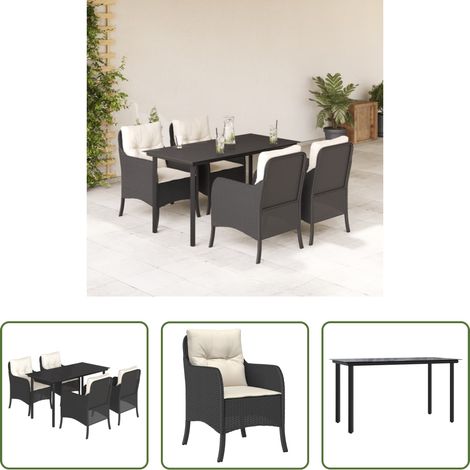 Gartenstuhl -  5-tlg. Garten-Essgruppe mit Kissen Schwarz Poly Rattan (1/5)