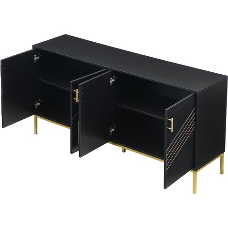 Sideboard mit 4 Türen aus schwarzem MDF, goldenen Griffen und Metallbeinen, 160 x 40 x 80,5 cm (1/5)