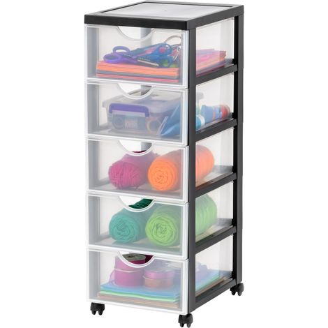 Tour de rangement à Roulettes en Plastique, 5 Tiroirs Moyens, Noir, Ouverture Facile, Meuble de Rangement, Papeterie, pour Chambre, Salle de Bain, École (1/5)