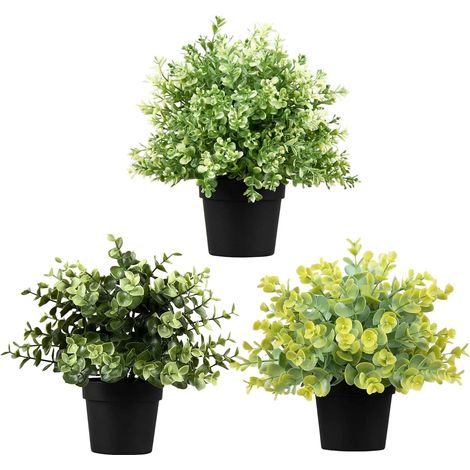 Lot de 3 paquets de petites plantes artificielles en pot - Pour table de bureau, chambre, jardin, intérieur et extérieur - Vert clair (1/5)