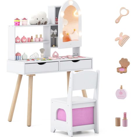 Tocador infantil con espejo LED de 3 colores y silla