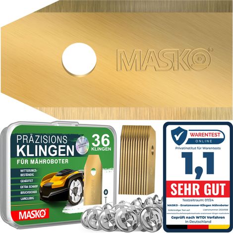 MASKO® Ersatzmesser Klingen für Mähroboter Rasenmäher Messer universal inkl. innovativen Schrauben langlebig Titan-Beschichtung / für Gardena / Husqvarna, 36 Stück (1/5)