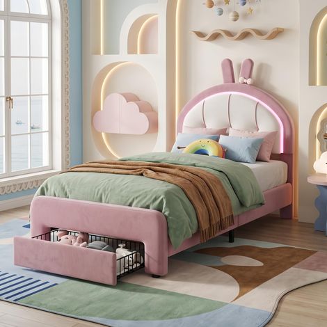 Lit Enfant Fille 90x200 cm en Velours Rose avec Tiroirs - Tête de Lit Lapin LED RGB Intelligente - Design Princesse Moderne (1/5)