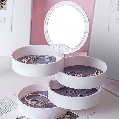 Jewelry Box Small Ring Storage 4 Tiers 360° Rotation with Mirror Cover Store Earring Gift for Mother's Day Valentine's Day