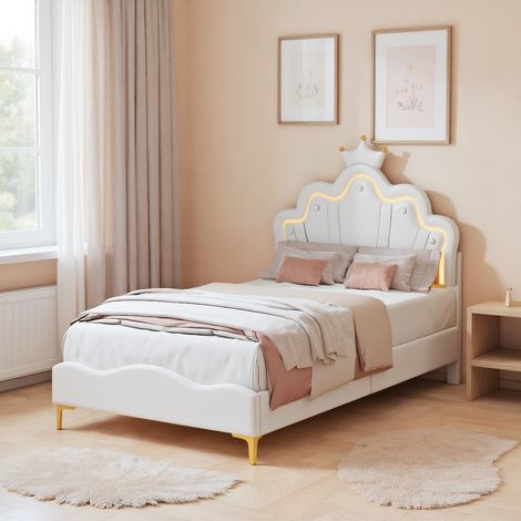Kinderbett 90x200 cm mit LED-Beleuchtung, Polsterbett mit Verstellbares Kopfteil in Kronenform, Modernen Einzelbett, Bettgestell mit Lattenrost, PU Weiß (Ohne Matratze)