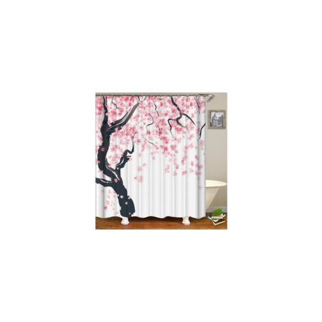 Cortina de ducha con estampado floral, 180 cm x 200 cm, rosa y negro, con diseño de flores de cerezo.