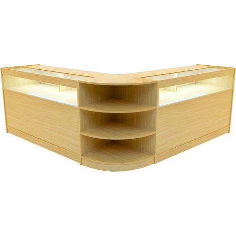 Set Mostradores Comerciales "THESEUS"  Arce 2x B1500+1xLM60  MDF y vidrio templado  Estantes y puertas corredizas con cerradura  Fácil Montaje  Mostrador Recepción Expositor Comercial Mesa