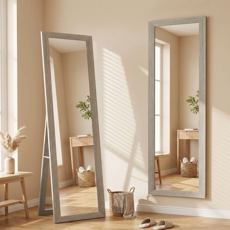 Miroir rectangulaire sur pied ou mural avec cadre en bois pour salon ou chambre, 37 x 155 cm, gris (1/5)