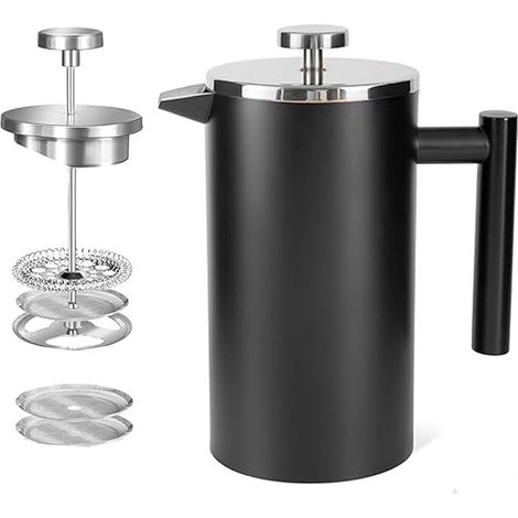 600ml Double Wall Vacuum Coffee Press Stainless Steel Coffee Maker 4 Cup Black (1/5)