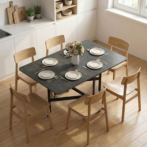 Tavolo Pieghevole per 4-6 Persone con 2 Ribalte e Ruote con Freno, 120x80x73 cm, Nero Effetto Legno