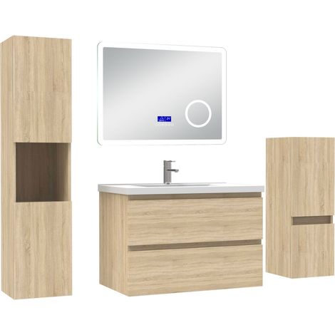 Ocean ensemble meuble salle de bain 80 cm Chêne Wotan avec 2 tiroirs à fermeture automatique, lavabo céramique + miroirBluetooth + 2 colonnes, suspendu