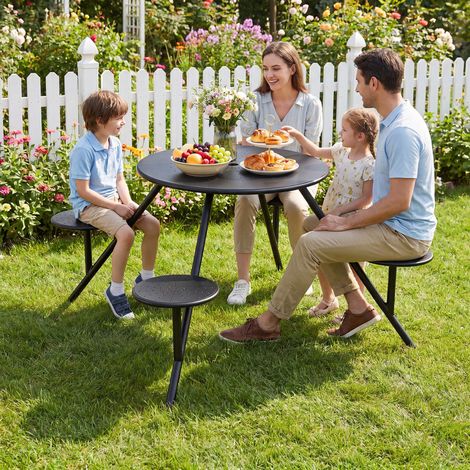 Gain de place, table de pique-nique ronde 4 places avec trou pour parasol et sièges en fer, noire (1/5)