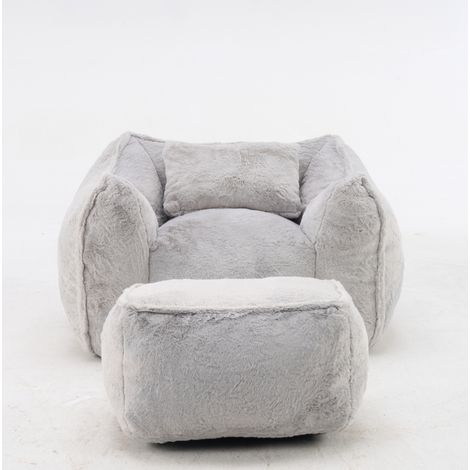 Fauteuil Poire Géant en Fausse Fourrure Gris avec Repose-Pieds et Coussin, Sans Assemblage (1/5)