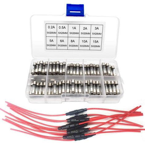 10pcs 5x 20mm AGC Portes-fusible en Ligne Type à vis Inline avec Fil 22 AWG + 100pcs 5x 20mm fusibles en Verre Coup Rapides (0.2A 0.5A 1A 2A 3A 5A 6A 8A 10A 15A)