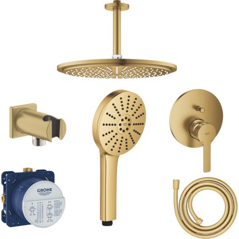 Pack GROHE douche encastré façade + Corps encastré + Coude support + Douche tête plafond + Douchette + Flexible 175 cm Doré brossé (1/4)