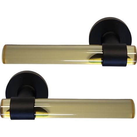 Coppia di maniglie per porte "JOY" con tubi di cristallo GIALLI e piedini in acciaio inossidabile nero Senza rosette di funzione