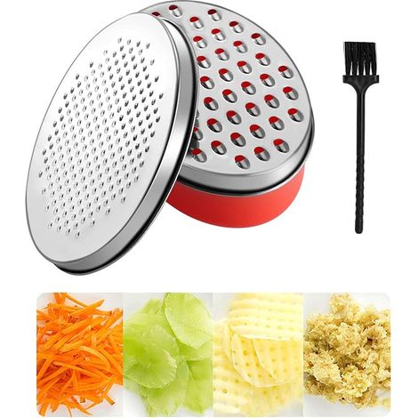 BEBUSINGOTO Rallador de queso con recipiente y tapa, acero inoxidable con recipiente de almacenamiento, rallador con 2 placas gruesas y finas, rallador de cocina para verduras, queso, chocolate, limó (1/5)