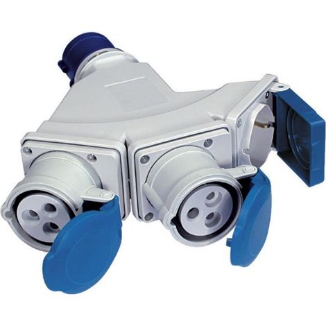 Fanton 73122 Adattatore multiplo industriale da spina CEE 2P+T 16A 230V a 2 prese CEE 2P+T 16A + 1 presa bipasso italo-tedesca 2P+T 16A IP44 colore Blu (1/2)