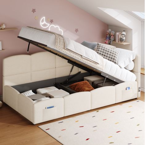 MEUBLIV Lit 90x200 cm beige – rangement hydraulique et USB, avec tête de lit, sans matelas (1/5)