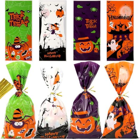 Sachets à friandises d'Halloween - Lot de 50 sachets à bonbons en cellophane 12,5 x 27,5cm avec attaches torsadées (1/5)