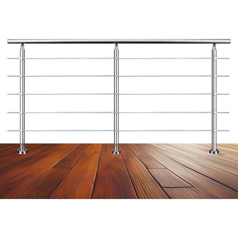 Garde-corps 200cm argenté, 1 main courante, 5 traverses, inox 201, intérieur et extérieur, design moderne - kit complet