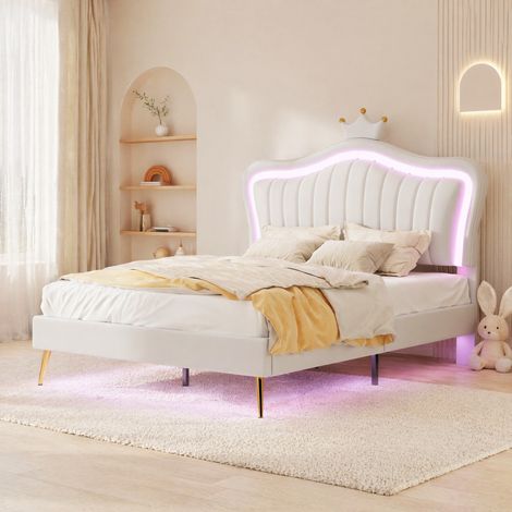 Cama infantil 140 x 200 cm con LED, cabecero regulable en 3 posiciones, blanco HAVRYA (1/5)