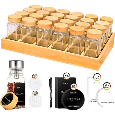 Ensemble de bocaux à épices, support en bambou, bocaux en verre hermétiques, 24PCS (1/2)