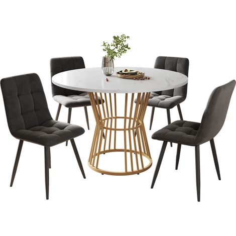 Ensemble repas 5 pièces, table ronde 100 cm diamètre avec piètement métal doré, plateau MDF blanc, et 4 chaises velours gris anthracite, style moderne pour cuisine ou séjour. (1/5)